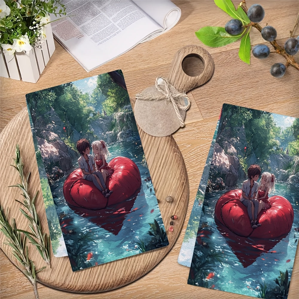 2 pieces of Kitchen Towels with ultra soft texture featuring an anime couple sitting on a heart-shaped raft, leisurely floating down a lazy river. These highly absorbent dish hand towels are perfect for holiday decor. They are machine washable and