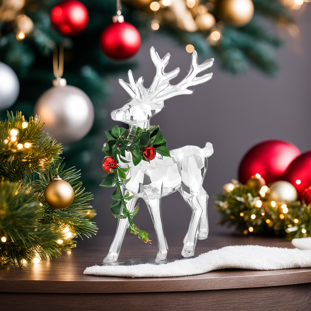 Clear acrylic Christmas reindeer figurines with red bells - perfect holiday decor for any room.