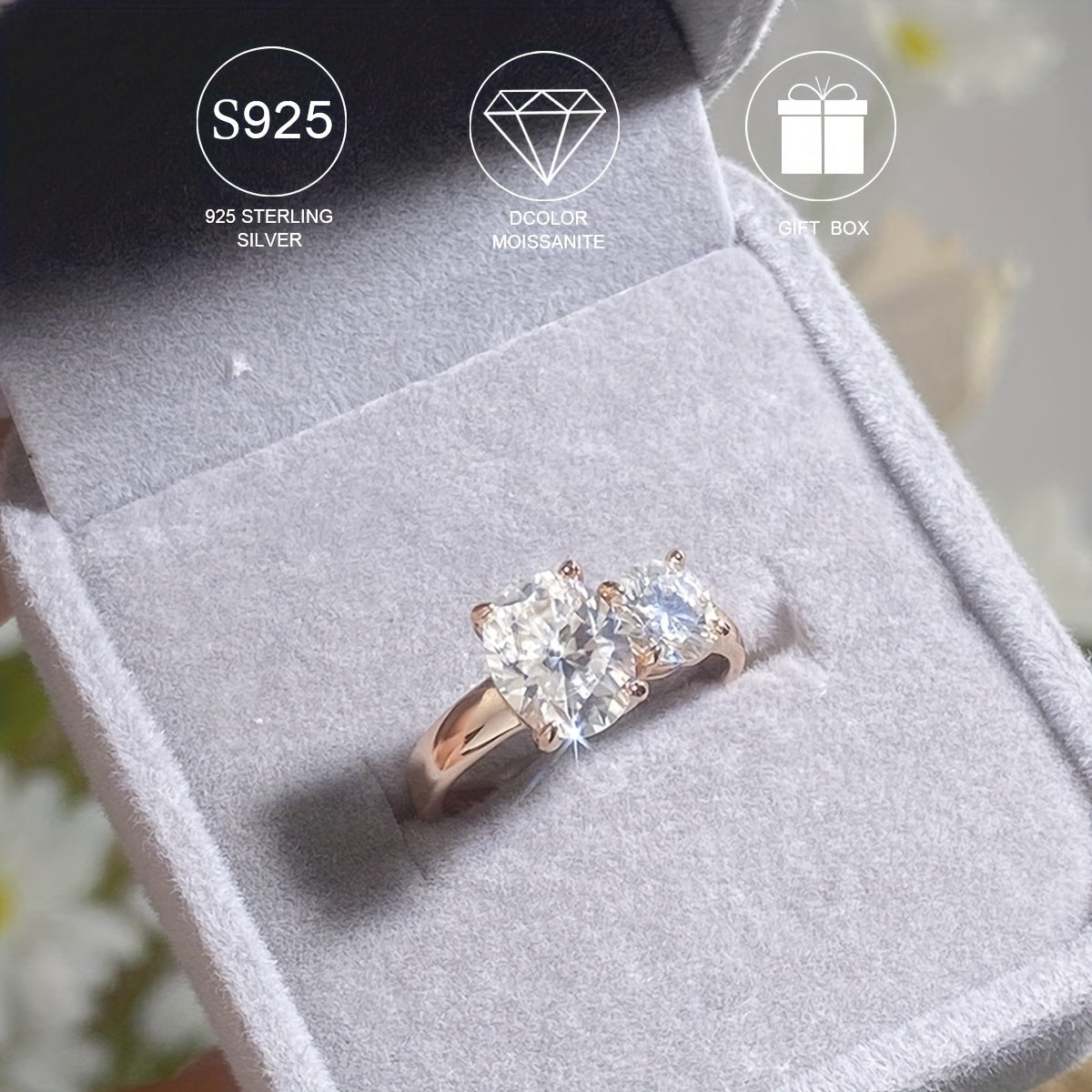 Elegant 925 Sterling Silver Ring with 2.8ct Moissanite Decor in Oval Shape, Two Stone Design. Perfect for Boho Style Women's Engagement or Wedding Ring. Hypoallergenic and Versatile, this Ring makes a great Mother's Day Gift. Comes with Moissanite