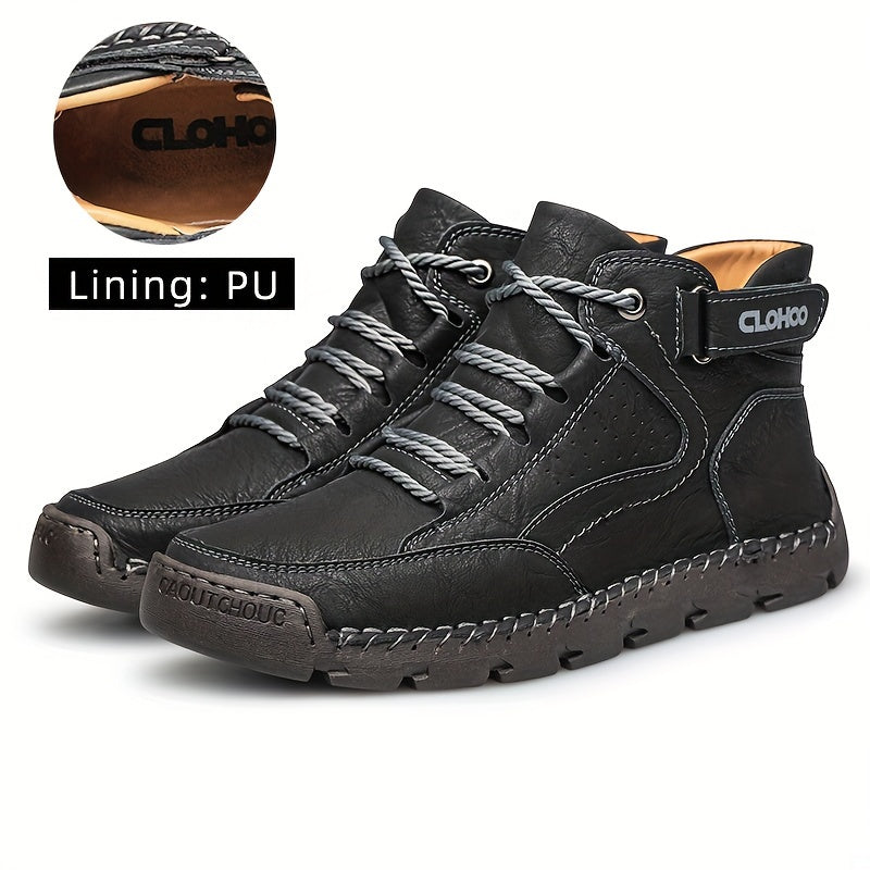 CLOHOO Men's High-Top Casual Ankle Boots with Handcrafted PU Upper & Lining, Rubber Sole for Enhanced Grip, Round Toe Lace-Up Closure, Warm Plush Interior, Solid Color Design for Outdoor