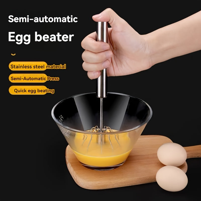 Hand-held stainless steel manual egg beater for baking and cooking, no battery needed.