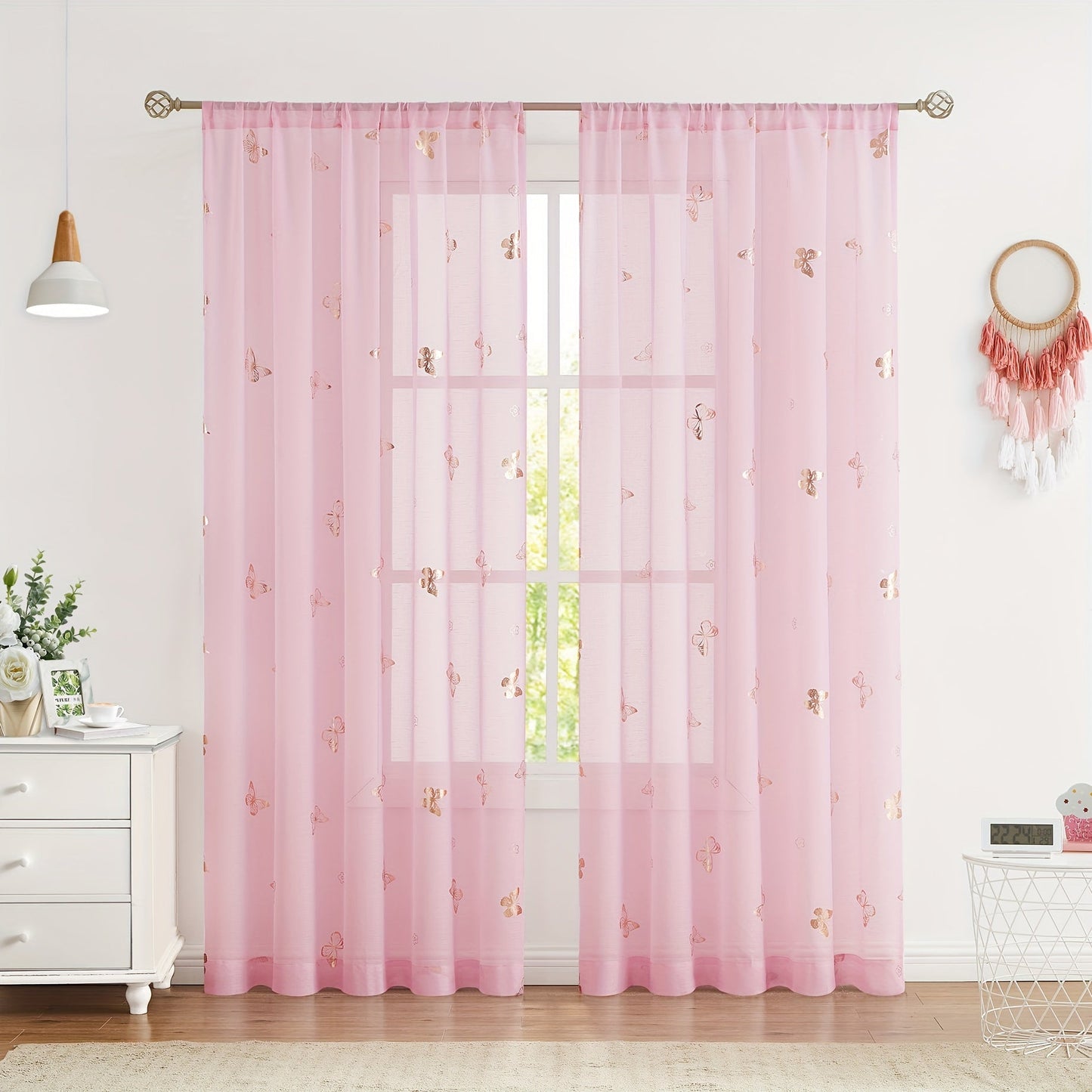 Two pieces of beautiful golden butterfly natural translucent curtains, perfect for adding a flowy and romantic touch to any bedroom or living room. These curtains come in 63, 84, or 95 inches, and feature a linen texture with a bamboo festival yarn