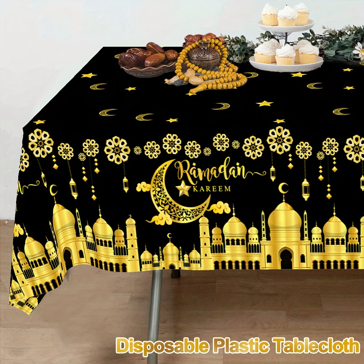 Eid Mubarak tablecloth with black & white castle, moon, and star lantern design, perfect for Ramadan and Eid celebrations.