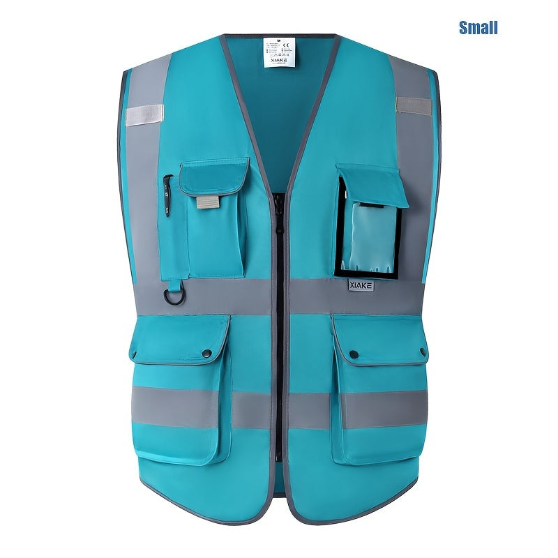 Stay safe and visible in ANSI/ISEA certified reflective safety vest with 8 pockets and zipper.