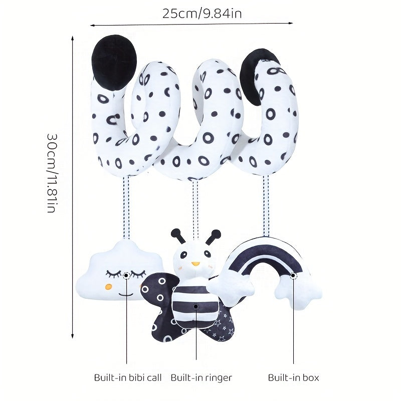 Black and white baby hanging toys with animal-themed designs, perfect for decorating strollers and car seats. These plush spiral toys are ideal for entertaining babies while traveling. Choose from bee, owl, or beetle styles.