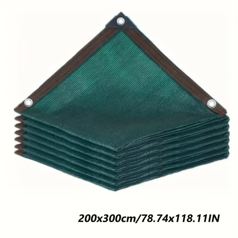 Dark green polyethylene sunshade net for outdoor garden with UV protection and breathability.