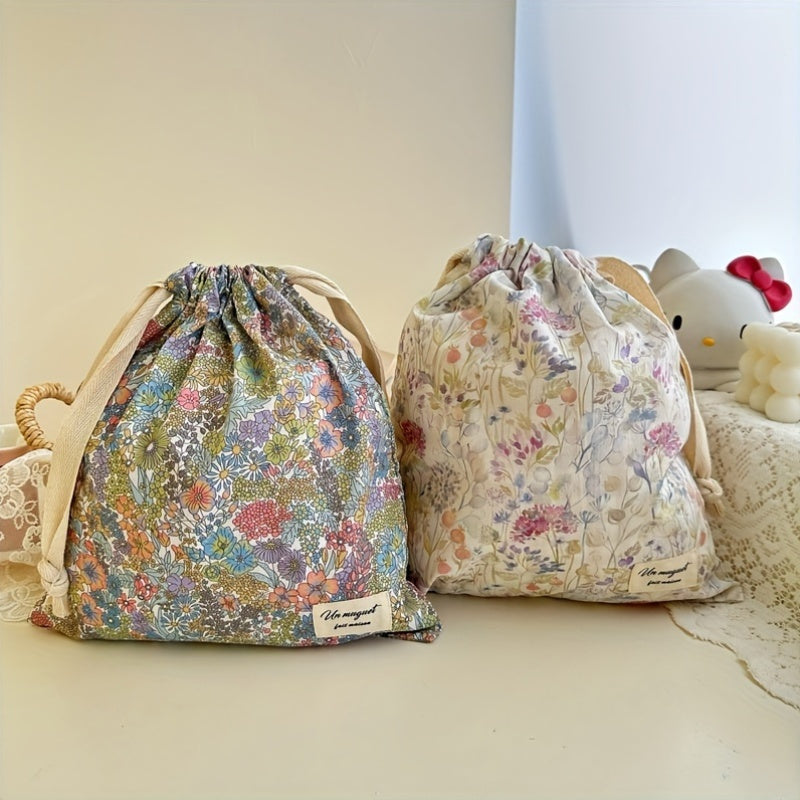 Floral Drawstring Pouch with Pink Rose Pattern - A versatile and high-quality organizer perfect for storing jewelry, cosmetics, and other essentials while on the go. Can also be used as a hanging dust bag or gift bag for various items such as diapers