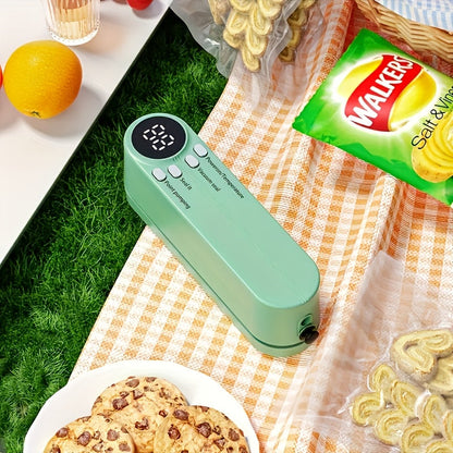 A convenient Portable Vacuum Sealer with Inflatable Pump that is Semi-Automatic and USB Rechargeable. Made from durable Plastic Material, it features a powerful 10W motor and a 1200mAh Lithium Battery for efficient Food Preservation.