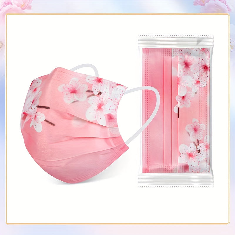 Disposable fashion face covering for adults, featuring 30 pieces of 3-layer breathable face scarf masks made of woven polypropylene. These masks are elastic, sun-proof, and come in a variety of floral and starry sky patterns. They have wide ear loops