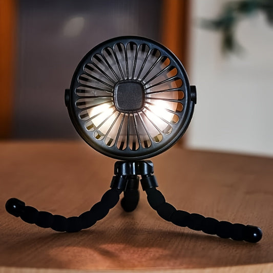 Enjoy daily convenience with this versatile 3-speed portable fan featuring a flexible tripod. Whether you need a quiet fan for your stroller, desk, bike, or camping trip, this USB rechargeable and battery-powered fan has you covered. It includes an AA