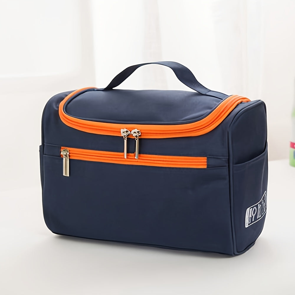 Spacious waterproof travel toiletry bag with zipper for men and women, made of durable Oxford fabric.