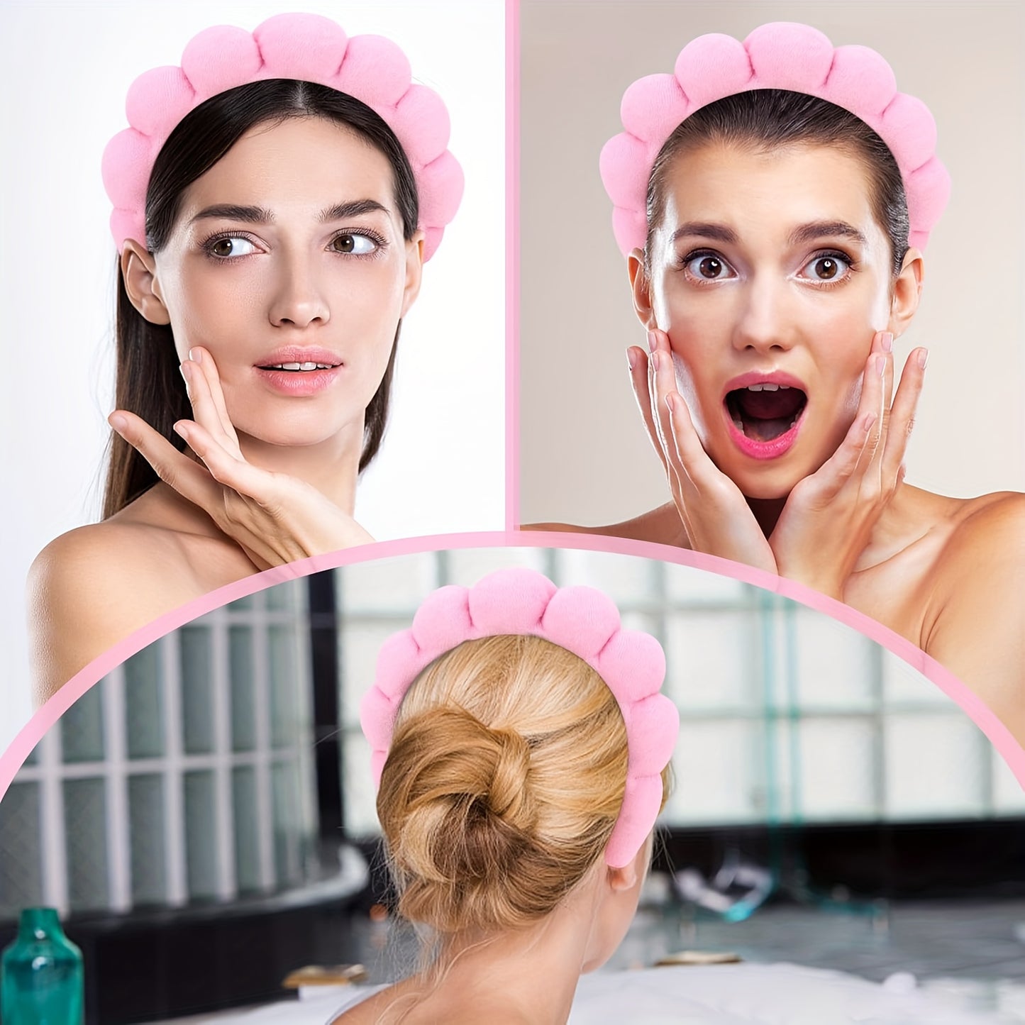 Set of three soft sponge hair hoops with wrist strap towels, perfect for skincare, face wash, and hydrotherapy headbands for women.