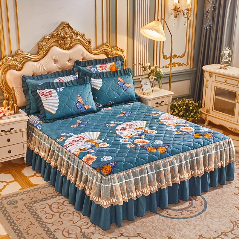 Experience a cozy sleep with our luxurious Crystal Velvet Bed Skirt Set. This 3-piece set includes pillowcases with a beautiful floral design. Machine washable for easy care, it provides a comfort fit with non-slip technology and full coverage.