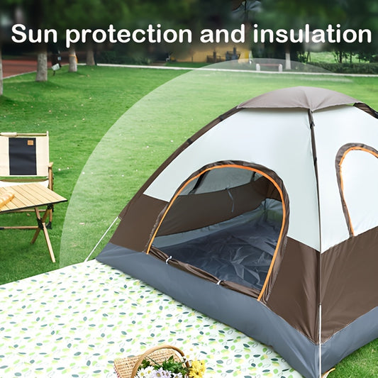 4-person round camping tent with UPF 50+ sun protection, easy setup, portable design, hydrophobic fabric, zipper closure, all-season use, glass fiber bracket, polyester material, ideal for