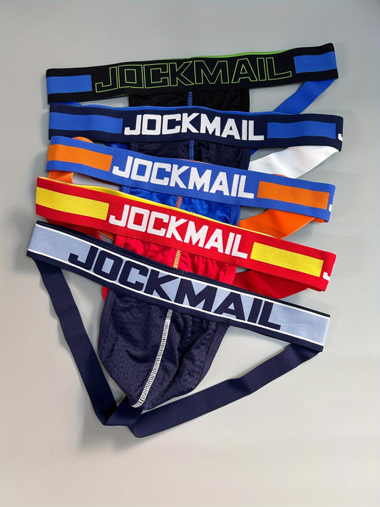 5pcs Mixed Color JOCKMAIL Breathable Nylon Mesh G-Strings for Men, Low Waist Thongs in M, L, XL, XXL sizes. Perfect for daily wear or club parties.