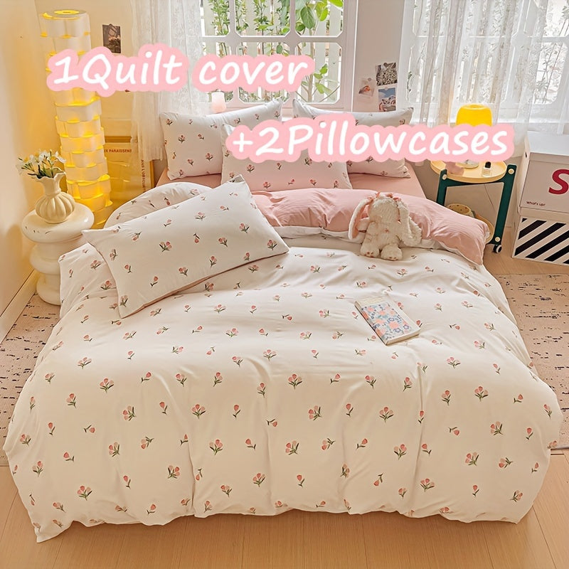 3-piece bedding set includes 1 quilt cover and 2 pillowcases with floral design. Cozy, breathable, and suitable for all seasons. Machine washable with no fading or deformation. Ideal for a