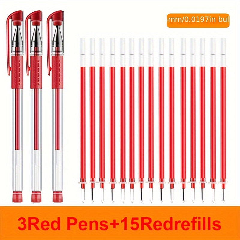 18-piece gel pen set in black, blue, and red ink colors, perfect for school or office use.