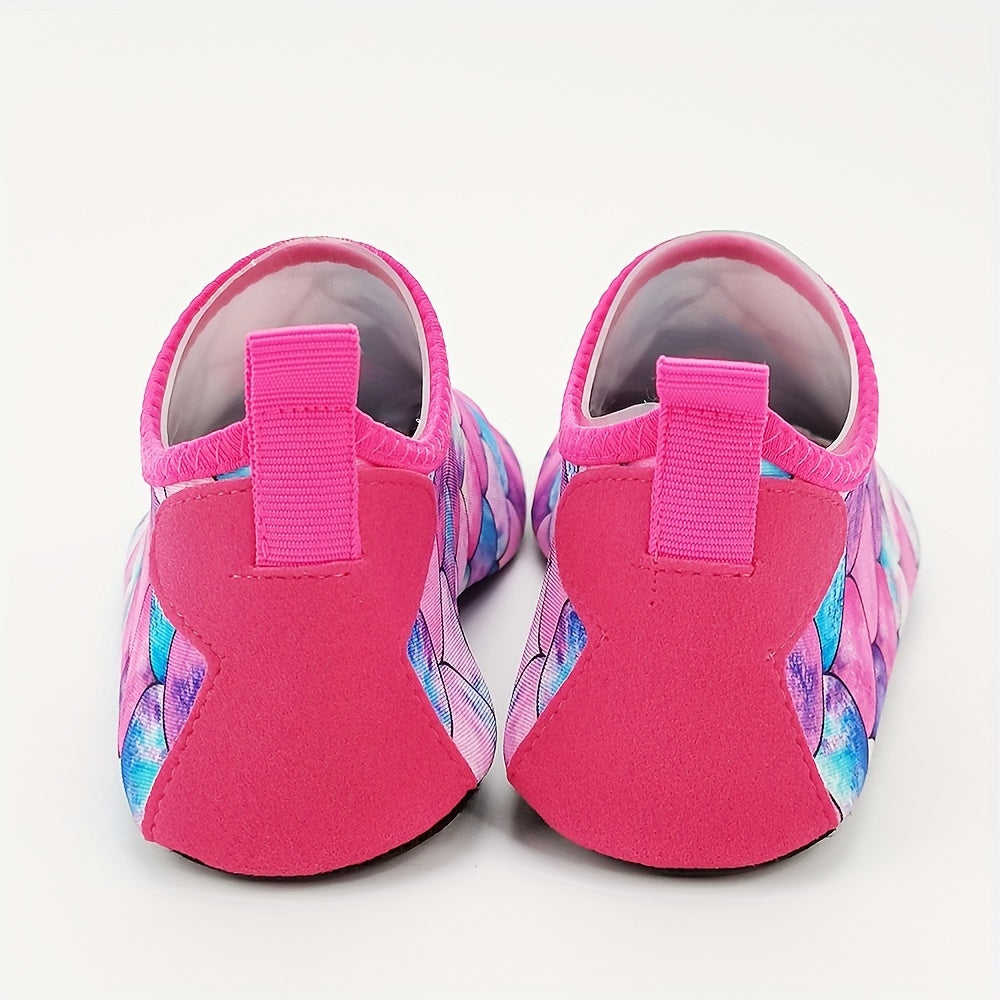 Colorful fish scale print slip-on water shoes for toddler girls, perfect for summer fun at the beach.