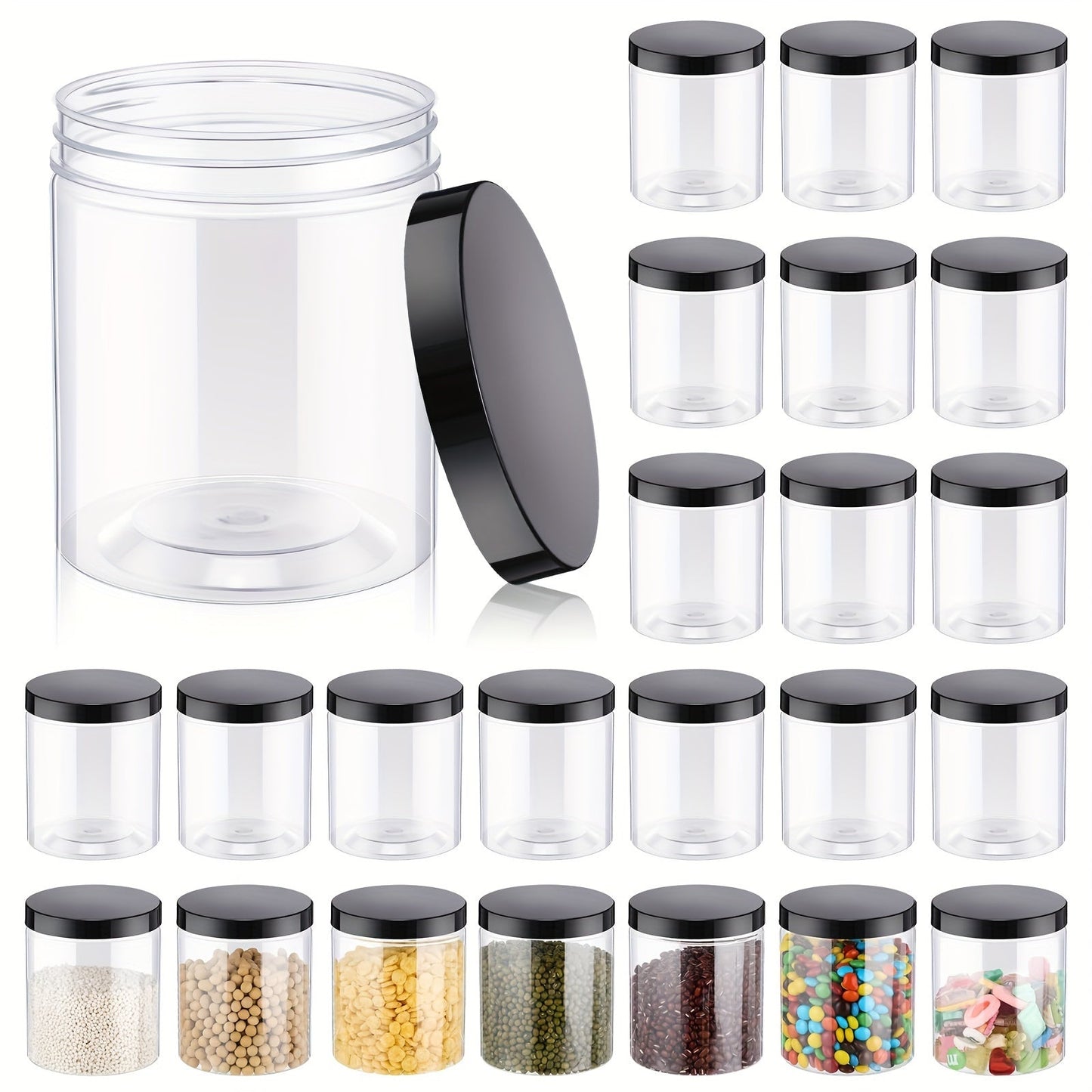 16oz Transparent PET Plastic BPA-Free Large Reusable Jar with Black Frosted Lid, Perfect for Family and Kitchen Food Storage and Organization. Available in packs of 6 or 8 pieces.