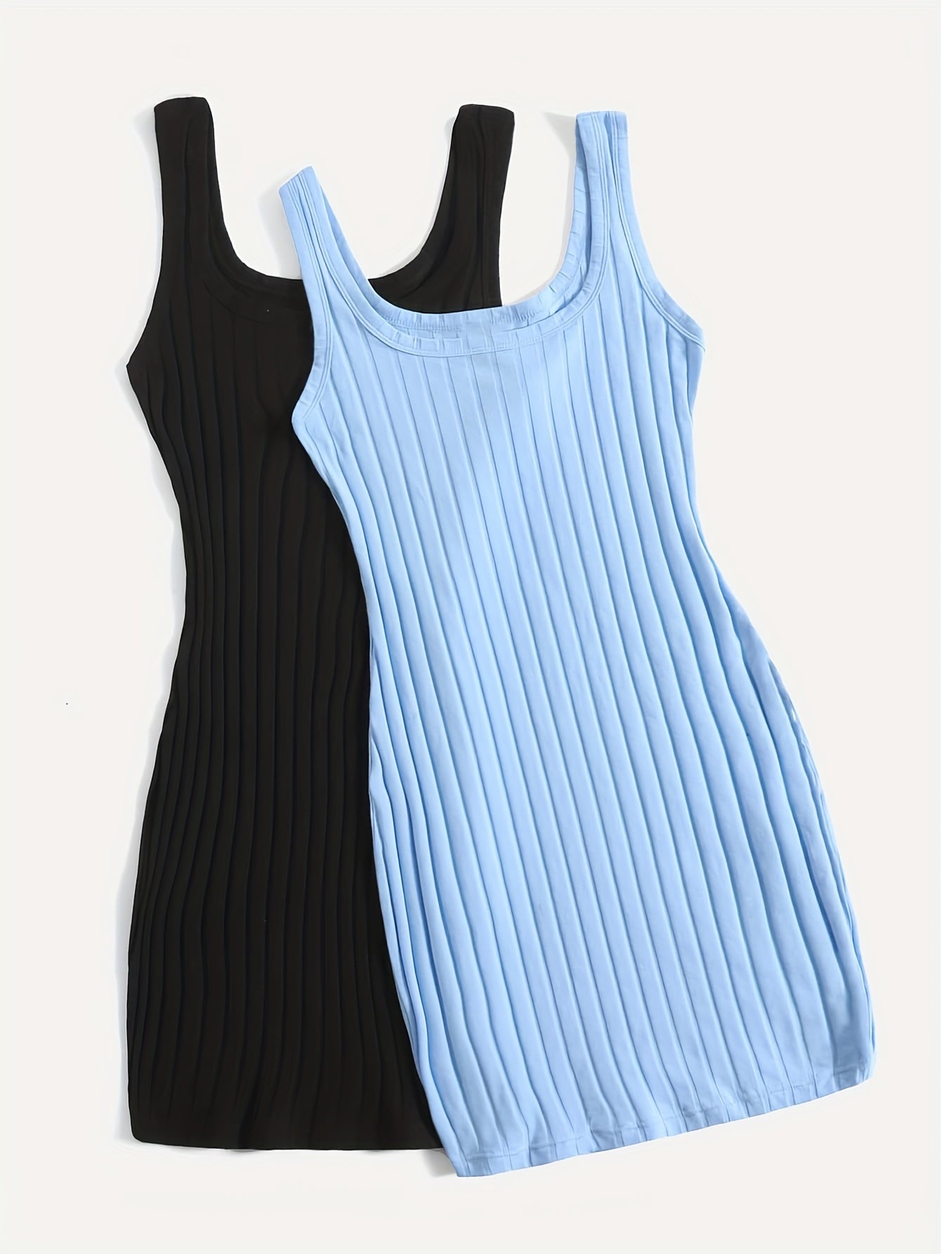 Women's Two-Pack Ribbed Tank Sleep Dresses in Black & Light Blue, Stretchy Polyester Blend, Square Neck, Machine Washable Lounge Nightgowns, Versatile Nightwear Essential.