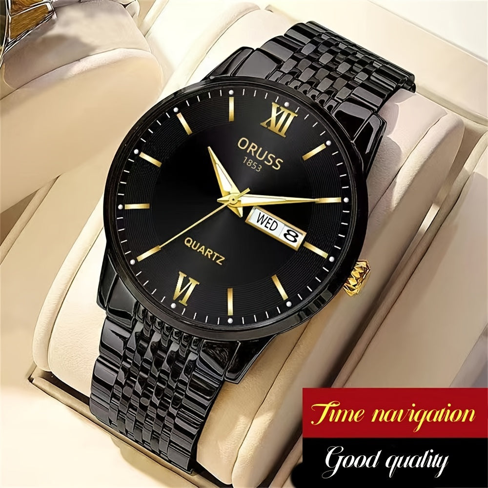 High-quality waterproof men's watch with glow-in-the-dark features and a calendar, perfect for the modern man looking to stay on trend in 2022. This steel watch is a stylish and practical gift option.