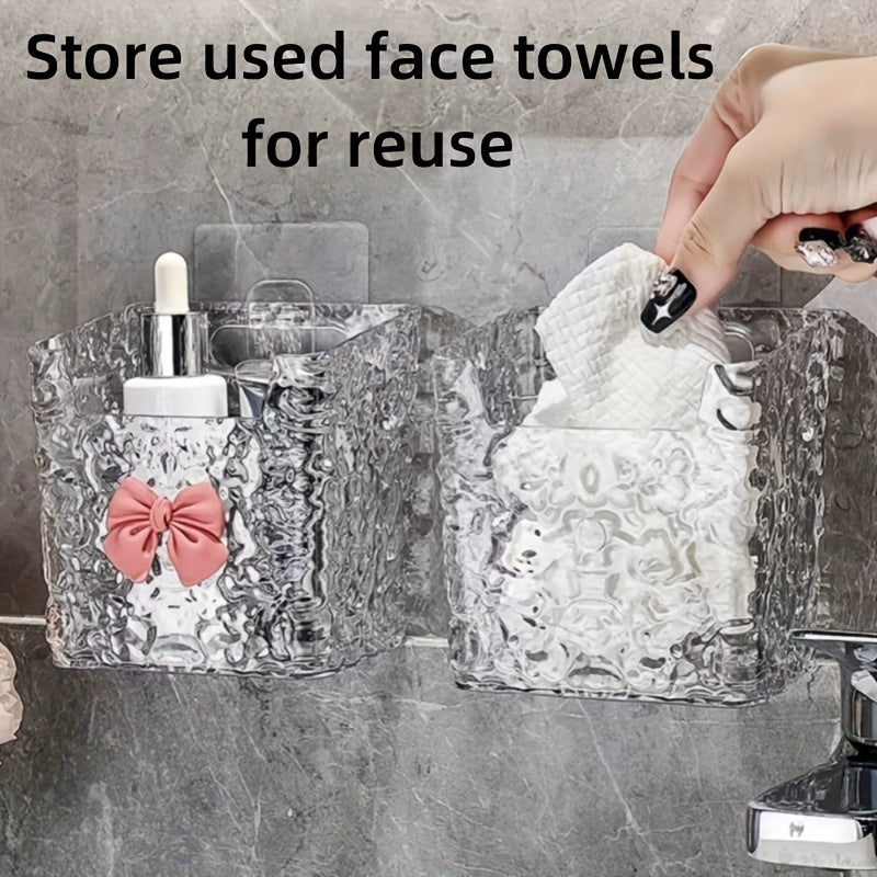 Set of 1/2/3 Acrylic Hanging Storage Bins with Embossed Pattern for Bathroom & Kitchen. Perfect for organizing toothbrushes, toothpaste, makeup, and can be wall-mounted or used on tabletops. Made of plastic.