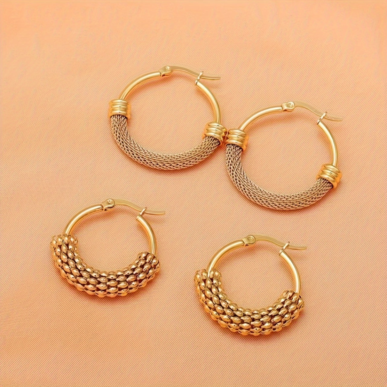 Set of 3 Stainless Steel Mesh Rice Ear Earrings, Trendy Earrings for Women