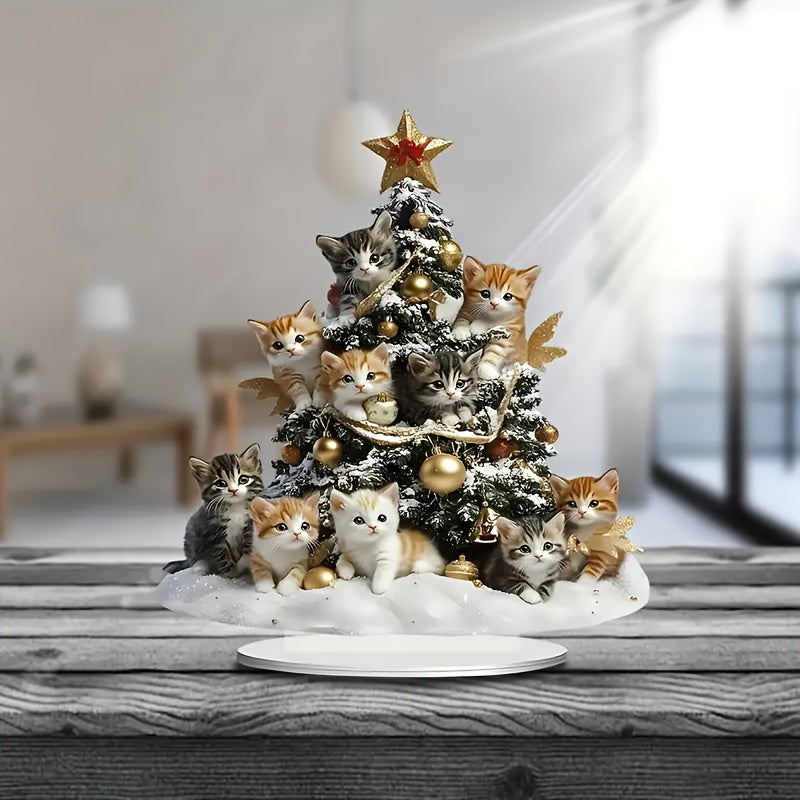 Boho Style Acrylic Cat Christmas Tree Decoration - Charming Tabletop Kitten Ornament, Versatile Holiday Accent for Home & Dining Table, Battery-Free, Adorable Cat Christmas Decor made of Polypropylene, Plate, or Nightstand