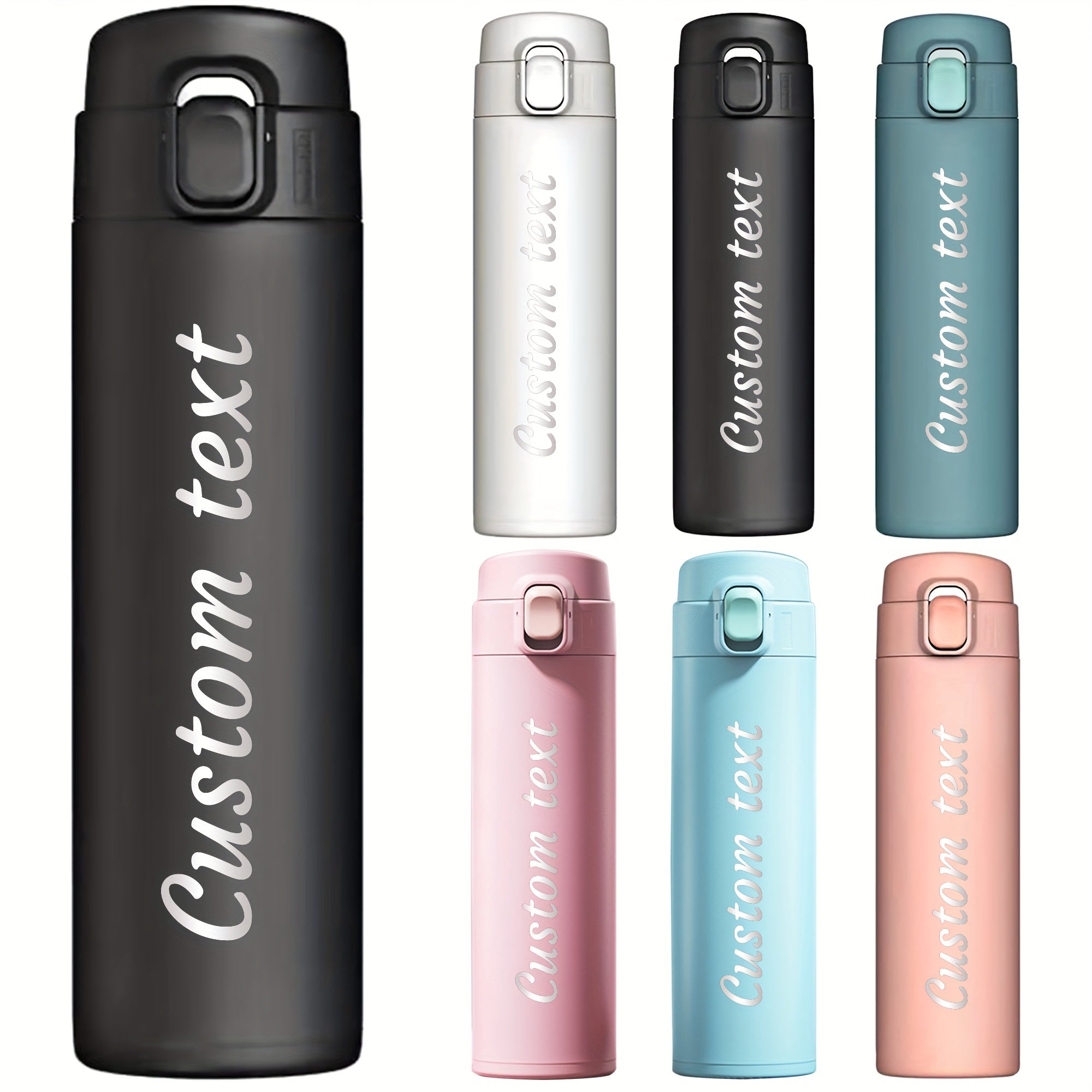 Personalized stainless steel water bottle with a pop-lid, available in 11oz or 15oz sizes. Double wall insulated, leak proof, BPA-free, and ideal for both hot and cold beverages. Hand wash only.