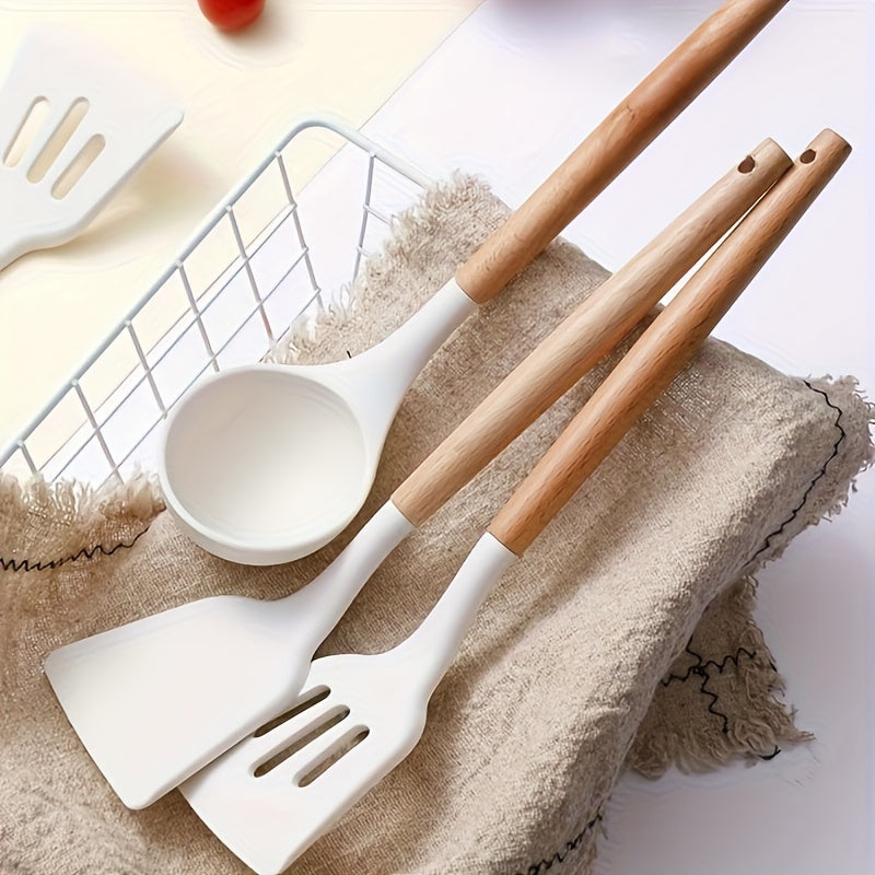 Set of 3 Silicone Kitchen Utensils - Includes Non-Stick, Heat-Resistant Spatulas and Spoons with Wooden Handles for Cooking and Baking