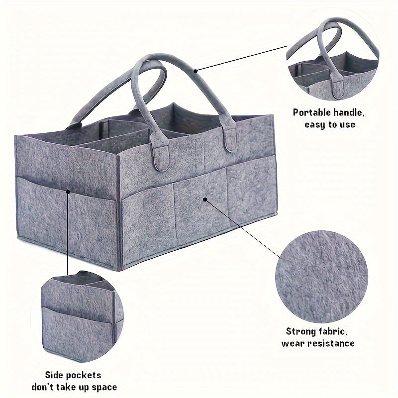 Diaper Storage Bag in Light Gray Felt with Handles - Collapsible and Divided for Convenient Organization of Diapers, Wipes, and Changing Supplies