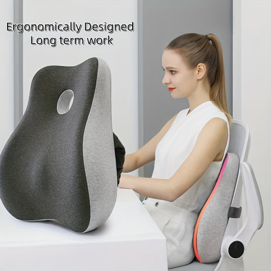 Memory foam lumbar support cushion with ergonomic design for comfort, ideal for pregnancy and sedentary work. Gray with removable cover, perfect for work chair.