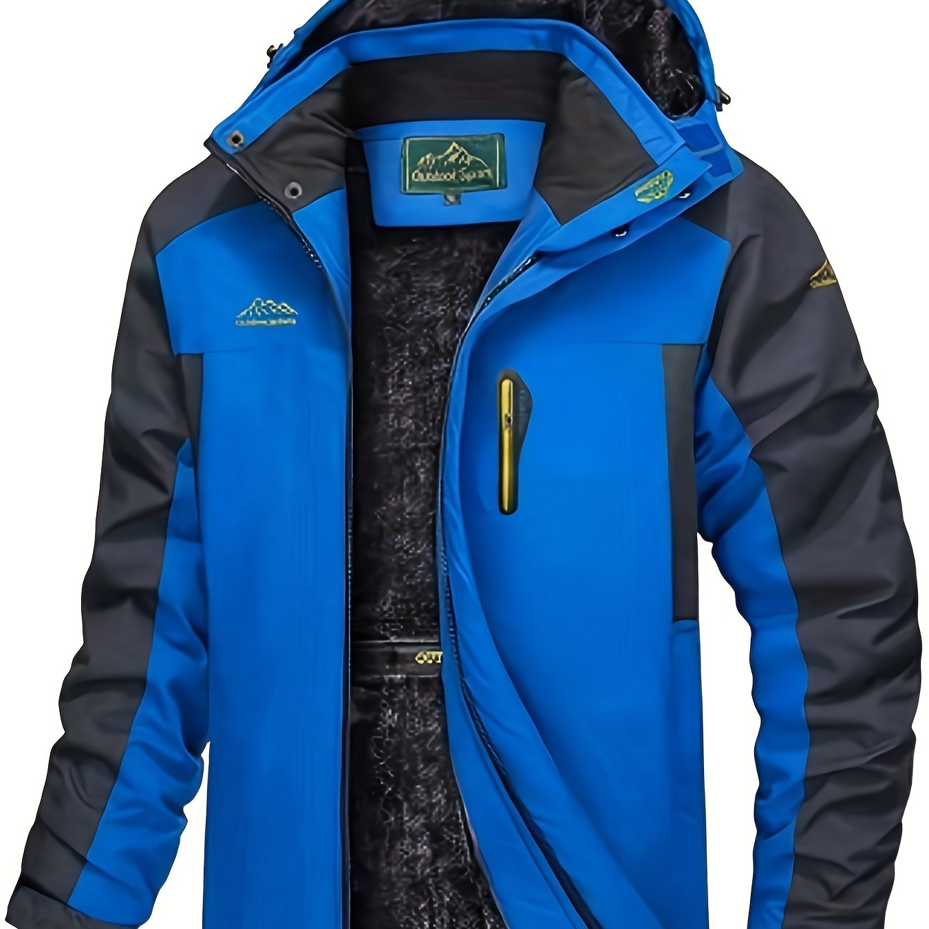 Men's winter outdoor jacket with detachable hood, warm long sleeves, multi-pocket breathable hiking raincoat made of comfortable and durable polyester fabric. Ideal for skiing, sports