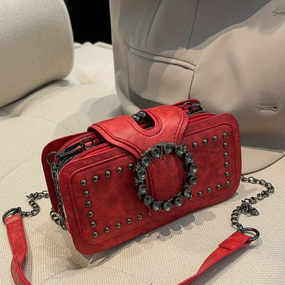 Women's retro clutch bag with rivets, chain shoulder strap, black color, multi-layer clip, and small square design.