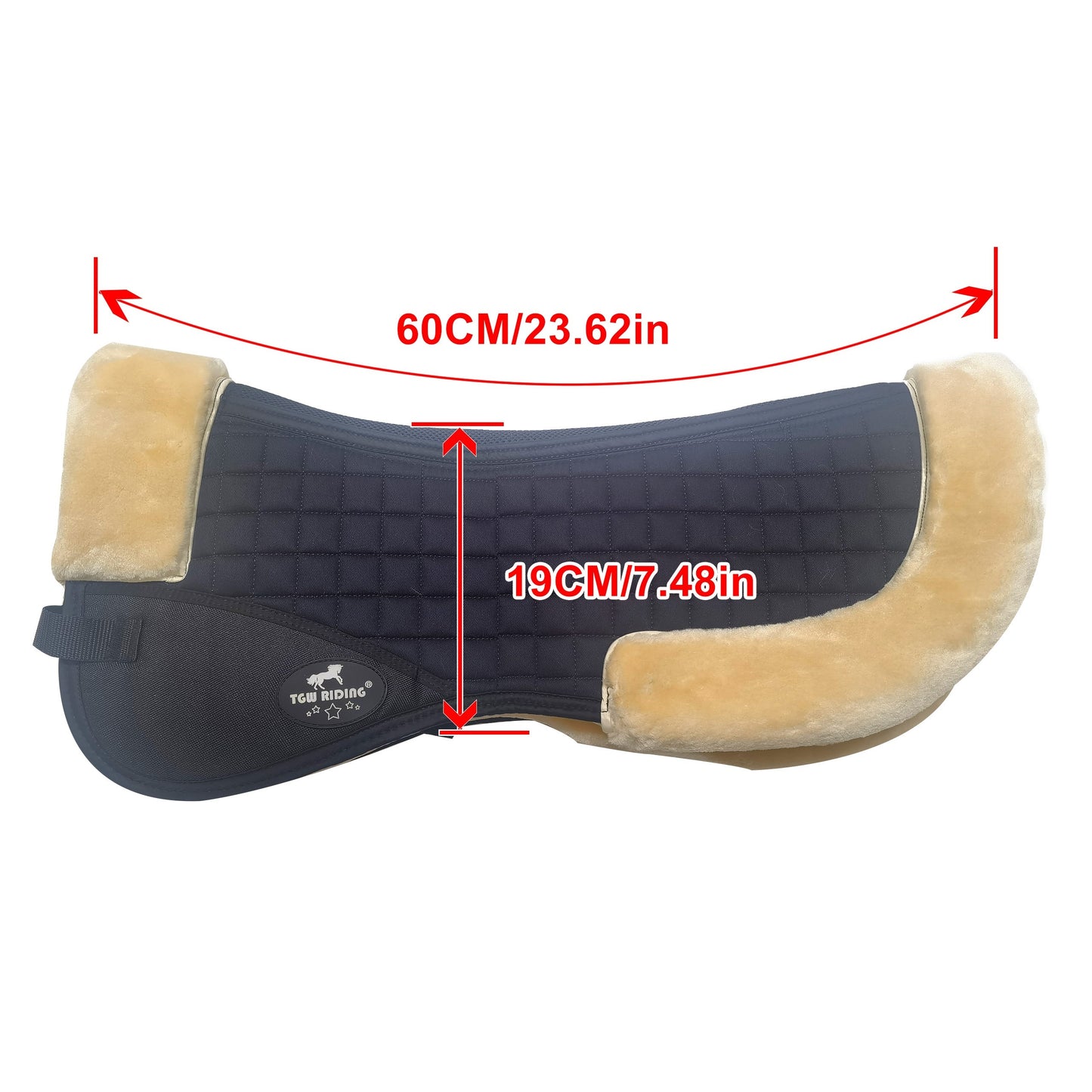 English saddle horse half pad with 100% woven fabric outer and shape-retaining foam insert, featuring a thick, soft, non-shedding synthetic sheepskin for easy cleaning.