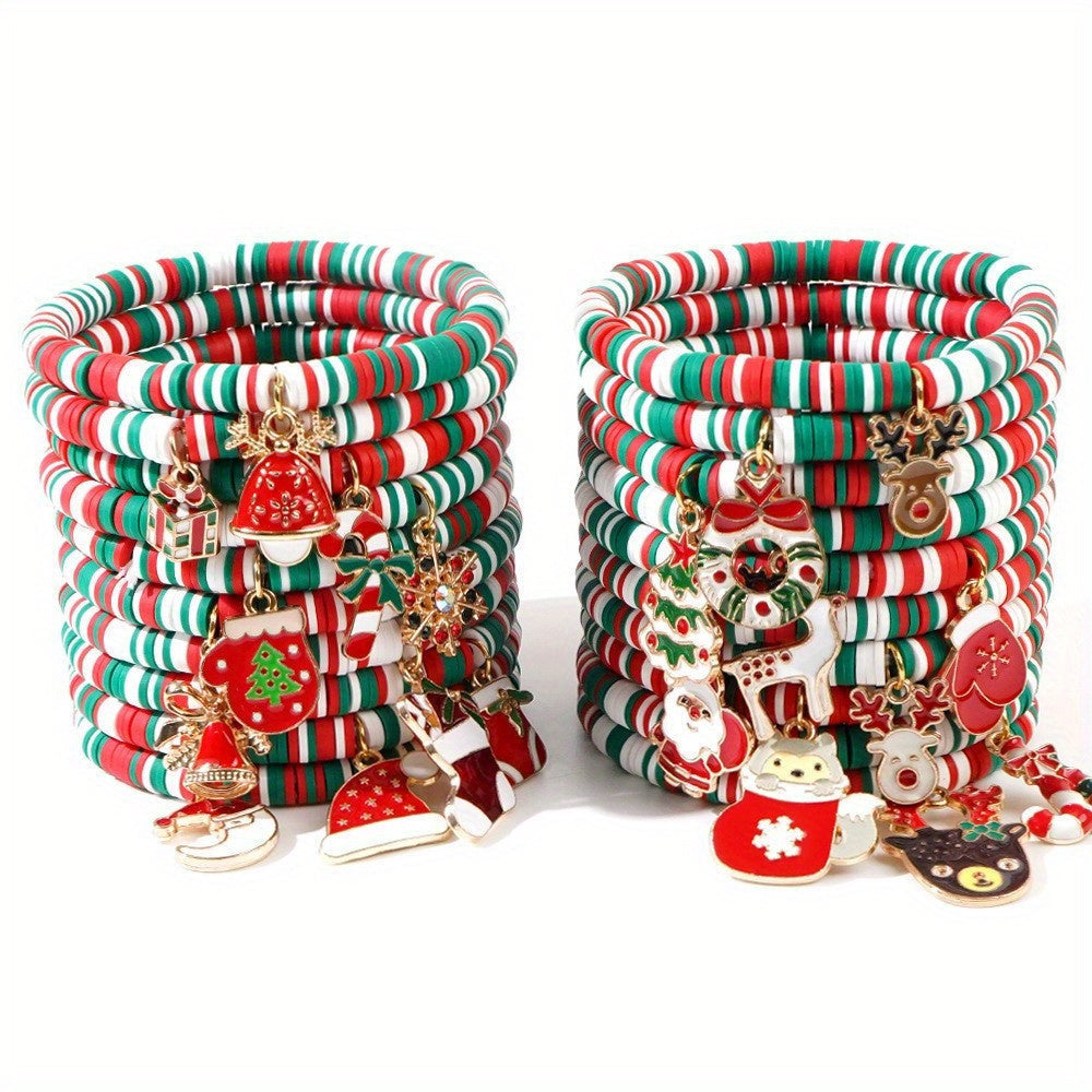 Set of 10 Bohemian Style Christmas Heishi Bracelets, featuring Adjustable Elastic Twin Bracelets adorned with Ceramic Beads, Santa Claus Snowflake Charms. Ideal for Holiday Party Favors and New Year Celebrations.