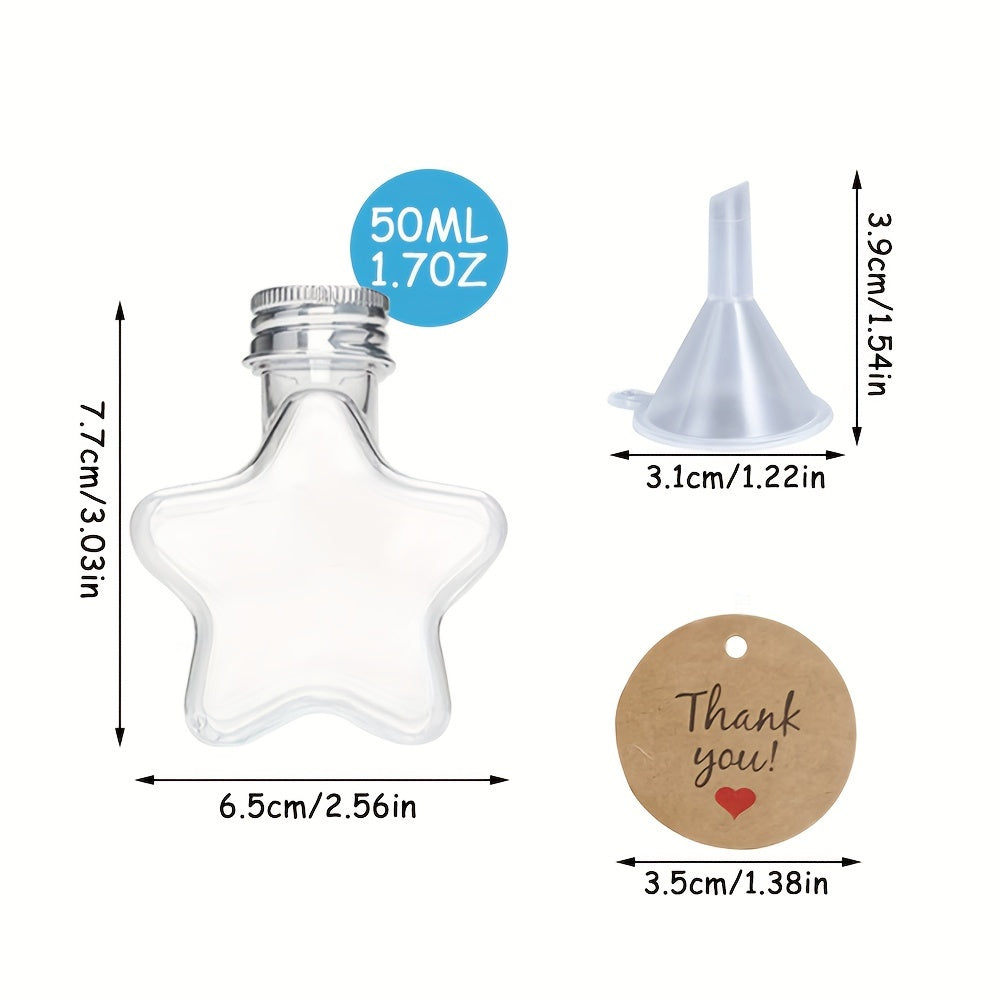 A set of 10/20/30 star-shaped mini wine bottles with 1.7oz capacity, includes 2 funnels, 20 thank-you labels with ropes. Perfect for Christmas parties, birthdays, weddings, and other events. Can be used for wine, juice, alcohol, or homemade wine.