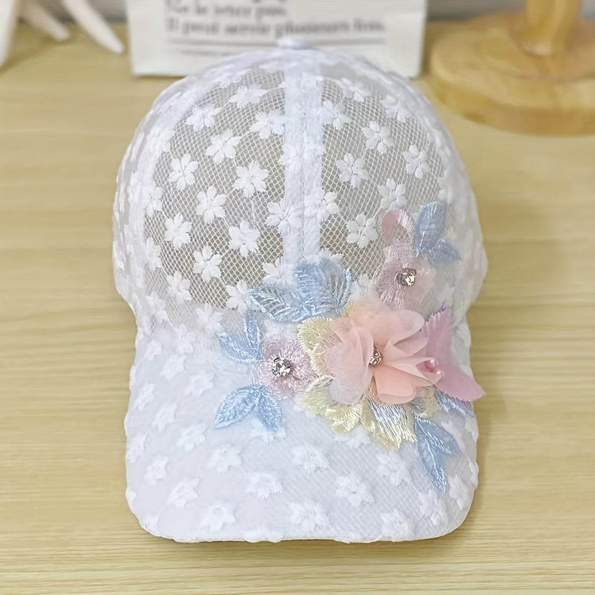 Flower Embroidery Mesh Trucker Hat with Faux Pearl Decor and Elegant Lace for Women