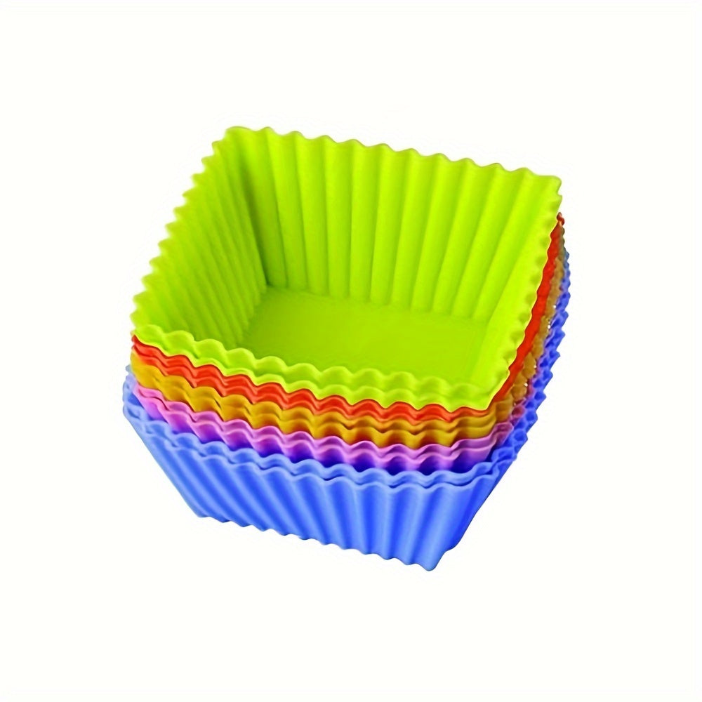 Reusable non-stick silicone baking cups for muffins and cupcakes, sold in packs of 12 or 24.