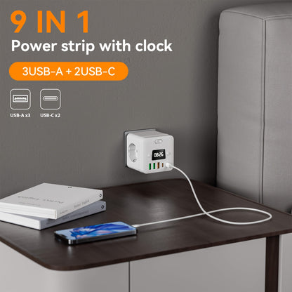 Advanced 9-in-1 power strip with surge protection, clock, 3 AC outlets, 5 USB-A ports, 2 USB-C ports, on/off switch, European plug and 220-240V. Ideal for home, office, travel and dorms.