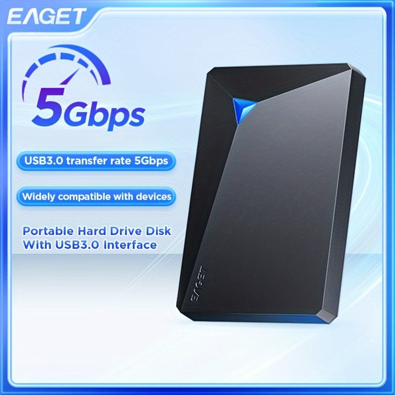 EAGET high-speed mechanical hard drive offers fast external storage for PC, Mac, PS4, and Xbox, allowing for quick save and backup of games, videos, and music with plug-and-play convenience.