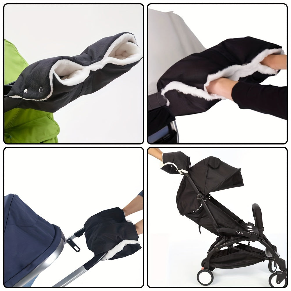 Black Winter Stroller Hand Muffs - Keep Parents' Hands Warm with Cozy Fleece-Lined Covers for Pushchair Handlebars. Waterproof and Windproof for Cold Weather, Suitable for Ages 14 and Up. Made of Durable Polyester Material, Fits Most Strollers.