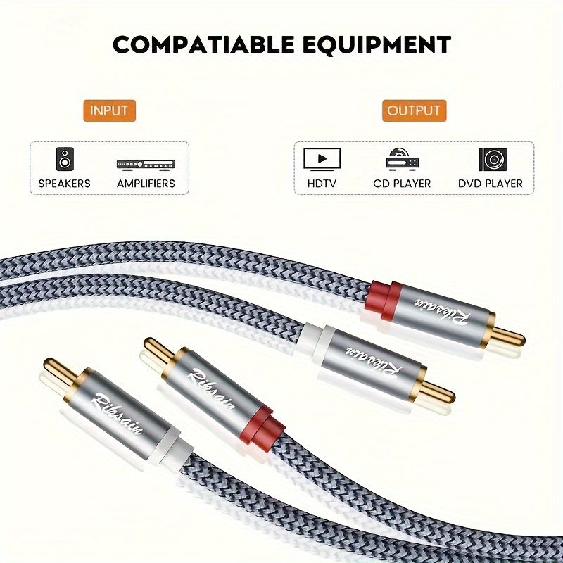 Gold-plated 2RCA Male to Male audio cable for lossless music transmission. High-fidelity nylon braided connector with low interference. Ideal for DVD, TV, home theater, games, and speakers.