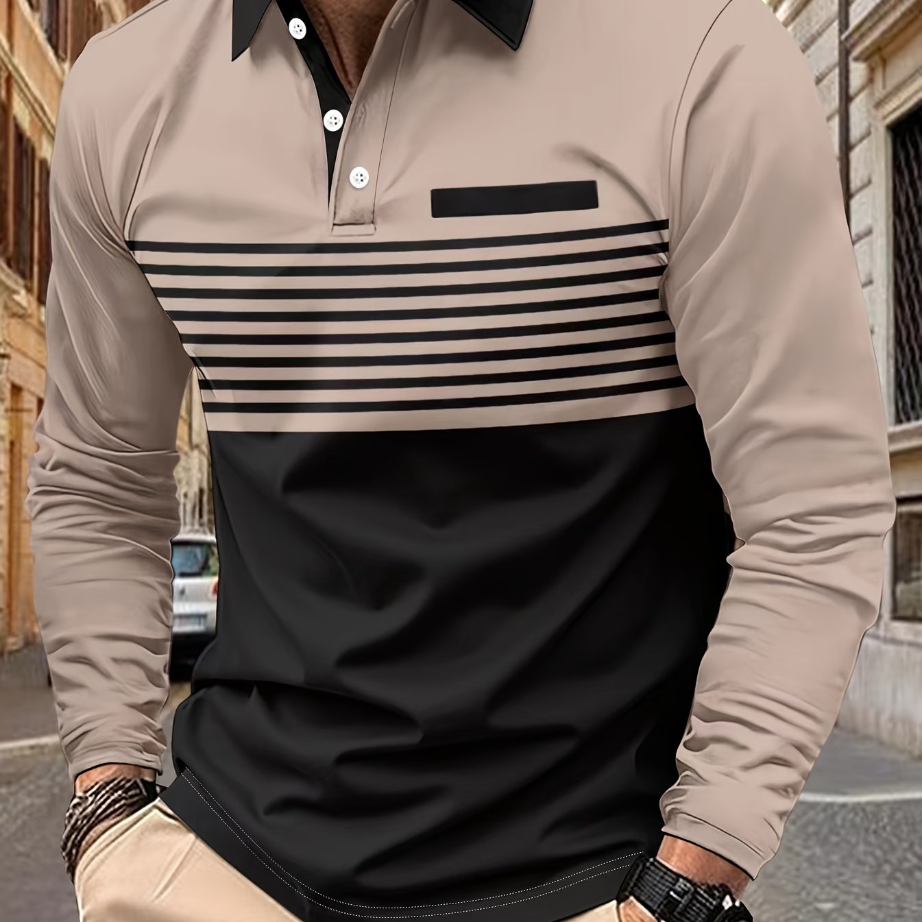 Men's color blocked long sleeve lapel golf shirts with a striped pattern print, perfect for spring and fall, featuring a casual style, slight stretch, and regular fit.