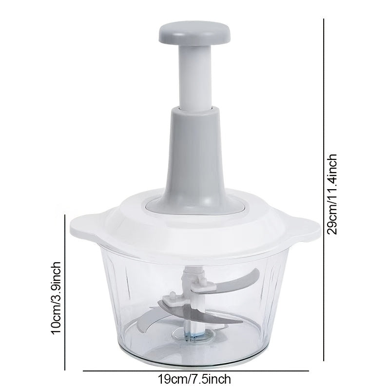 1-piece manual food chopper with 4 durable stainless steel blades, extra-large 50.72oz capacity, includes garlic press and dicer functions. No electricity needed, making it a versatile kitchen tool perfect for chopping meat, vegetables, and herbs.