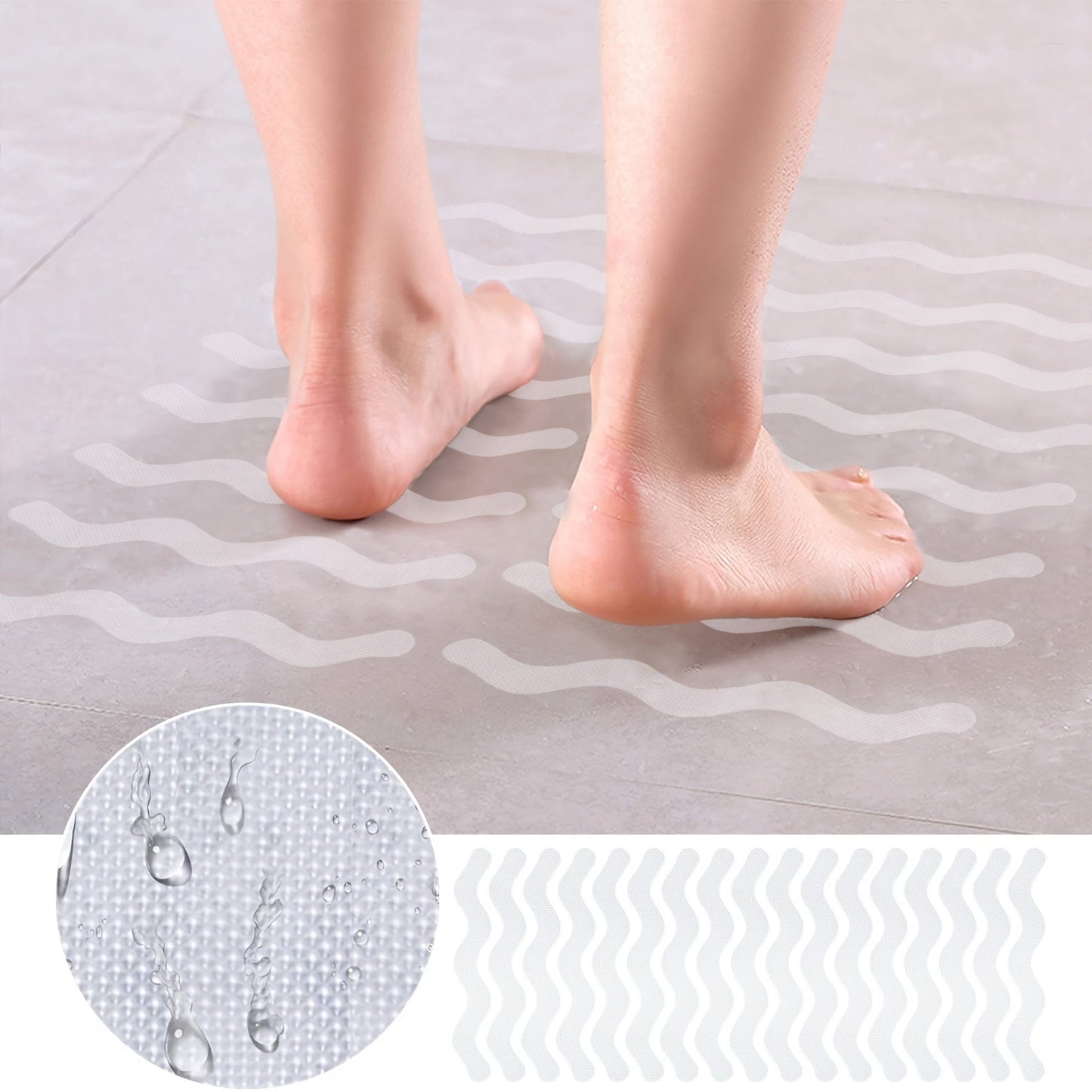 Enhance safety in your bathroom with 24 pieces of EVA Non-Slip Bathtub Stickers featuring a wavy line design. This anti-skid tape provides a durable adhesive grip to prevent slips in the shower and on stairs. Each set includes a scraper for easy