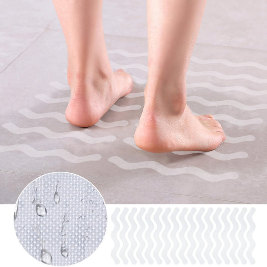 Enhance safety in your bathroom with 24 pieces of EVA Non-Slip Bathtub Stickers featuring a wavy line design. This anti-skid tape provides a durable adhesive grip to prevent slips in the shower and on stairs. Each set includes a scraper for easy