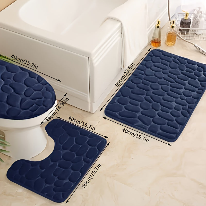 3-piece thick memory foam bath mat set with ultra-absorbent, non-slip coral fleece material. Machine washable and features a geometric pattern for bathroom decor.