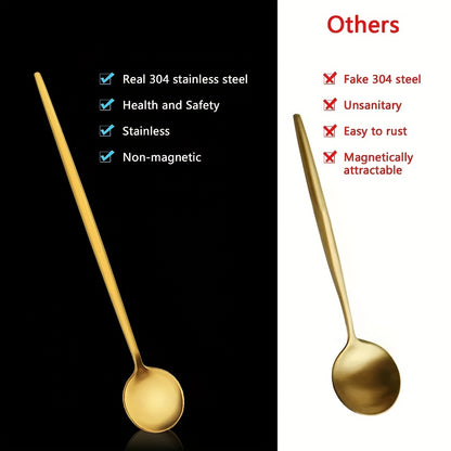 6-piece set of stylish golden ice tea spoons made of premium SUS304 stainless steel, perfect for mixing cocktails, soda, or coffee. From the Portuguese series with a mirror finish, these spoons are dishwasher safe.