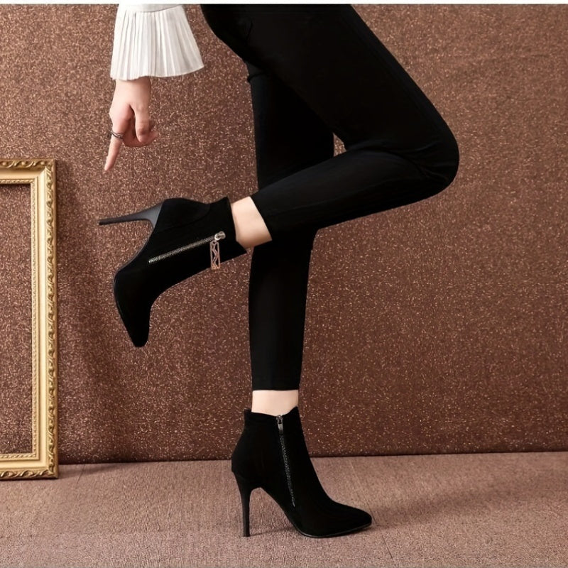 Stylish black high-heel ankle boots with pointed toe and stiletto heel, featuring a flannel upper and side zipper closure. Perfect for parties, weddings, and everyday wear in the fall